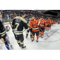 Wheeling Nailers and Fort Wayne Komets shake hands as they exit the ice