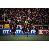 Detroit City FC celebrates a goal with the home fans