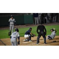 Tri-City Dust Devils prepare to apply a tag at the plate vs. the Everett AquaSox