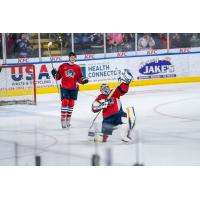 Springfield Thunderbirds goaltender Joel Hofer celebrates his goal against the Wilkes-Barre/Scranton Penguins