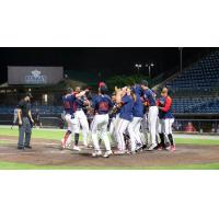 Rome Braves mob Landon Stephens following his walk-off home run