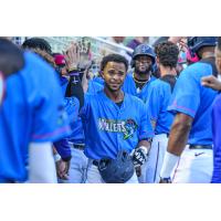 Ray-Patrick Didder receives high fives in the Pensacola Blue Wahoos dugout