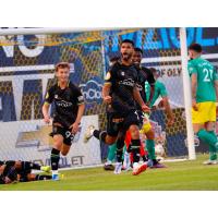 Alex Lara of Las Vegas Lights FC reacts after his goal against the Oakland Roots