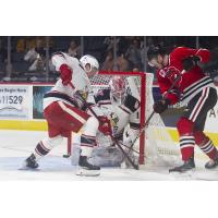 Grand Rapids Griffins goaltender Victor Brattstrom tries to keep the Rockford IceHogs from scoring