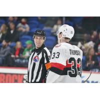 Belleville Senators' Lassi Thomson talks with a referee