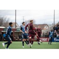 Detroit City FC midfielder Connor Rutz (right) vs. Indy Eleven