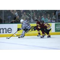 Texas Stars' Nicholas Caamano and Chicago Wolves' Tuukka Tieksola in action