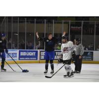 Spencer Kennedy of the Roanoke Rail Yard Dawgs reluctantly leaves the ice
