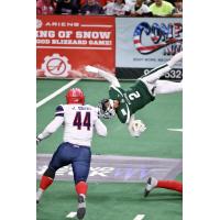 Sioux Falls Storm's James  Brown and Green Bay Blizzard's Ja'rome Johnson in action