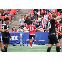 Samuel Salter of Atlético Ottawa reacts after his goal