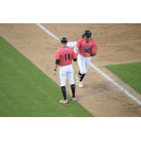 Fayetteville Woodpeckers' Ricky Rivera congratulates Hector Nieves