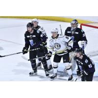 Wheeling Nailers' Tanner Laderoute and Jarrett Lee and Orlando Solar Bears' Jake Stevens, Colten Ellis, and Avery Winslow on game night