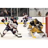Saginaw Spirit center Joey Willis looks for a score against the Kingston Frontenacs