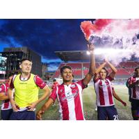 Atlético Ottawa winger Zach Verhoven (center) celebrating Atlético's home win against Cavalry FC in July 2023