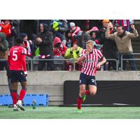 Kris Twardek of Atlético Ottawa reacts after his goal against York United FC