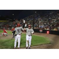 John Nogowski of the Sioux City Explorers celebrates a two run home run