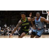 Niagara River Lions' AJ Davis and Montreal Alliance's Alain Louis in action