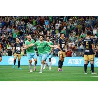 Sounders FC forward Paul Rothrock celebrates his goal against Pumas UNAM