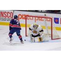 Saginaw Spirit's Calem Mangone versus Sarnia Sting's Nick Surzycia