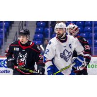 Adirondack Thunder's Mikaël Diotte and Jeremy Brodeur and Trois-Rivieres Lions' Morgan Adams-Moisan on game night
