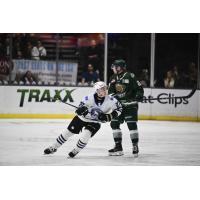 Wenatchee Wild's Luka Shcherbyna and Everett Silvertips' Tarin Smith on the ice