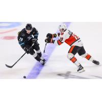 Wichita Thunder forward Luke Grainger (right) eyes the puck against the Kansas City Mavericks
