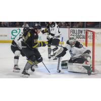 Wichita Thunder goaltender Roddy Ross makes a stop against the Iowa Heartlanders