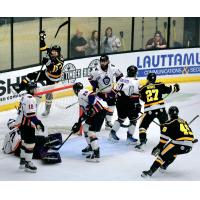 Wheeling Nailers defenseman Mats Lindgren (top left) reacts after his goal