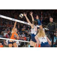 Grand Rapids Rise middle blocker Alyssa Jensen goes up for the block against the Indy Ignite