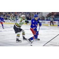Kitchener Rangers centre Luca Romano (right) vs. the London Knights