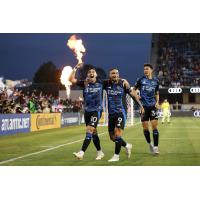 San Jose Earthquakes' Cristian Espinoza, Cristian Arango, and Beau Leroux on game night