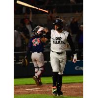 Somerset Patriots designated hitter Dylan Jasso tosses the bat aside after his game-winning home run