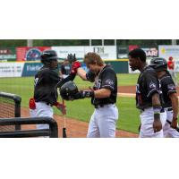 Hickory Crawdads congratulate Maxton Martin after his home run