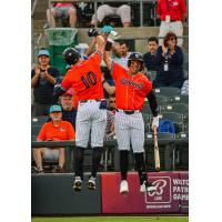 Somerset Patriots catcher Rafael Flores (10) congratulates third baseman Dylan Jasso
