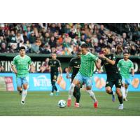 Seattle Sounders FC's Danny Musovski and Portland Timbers' Cristhian Paredes in action