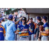 Montgomery Biscuits congratulate Kamren James after scoring the game's lone run