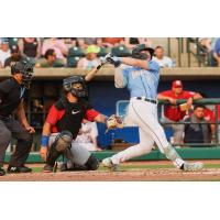 Charleston RiverDogs catcher Nathan Flewelling swings away