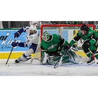 Texas Stars goaltender Remi Poirier keeps a watchful eye on the Abbotsford Canucks