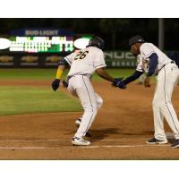 Angel Mateo of the Charleston RiverDogs receives congratulations as he rounds the bases