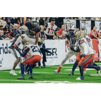 Jacksonville Sharks running back Larry McCammon hurdles a Quad City Steamwheelers defender