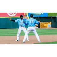Hickory Crawdads third baseman Esteban Mejia (left) and outfielder Antonis Macias