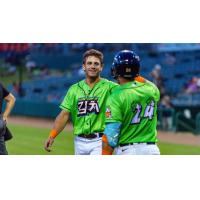 Montgomery Biscuits outfielder Colton Ledbetter (left) and catcher Tres Barrera on Kimchi night