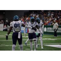 Massachusetts Pirates defensive lineman Matt Mason and defensive back/linebacker Marquis Waters