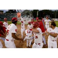 Winnipeg Goldeyes celebrate a walk-off win in 10