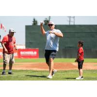 Jeremy Dirksen throws out the first pitch at the Fargo-Moorhead RedHawks game