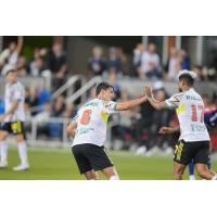 San Jose Earthquakes midfielder Ian Harkes (left) gives a high five to forward Josef Martínez