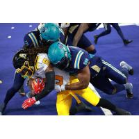 Massachusetts Pirates make a tackle against the Tulsa Oilers