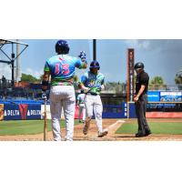 St. Lucie Mets catcher Vincent Perozo greets a teammate at home plate