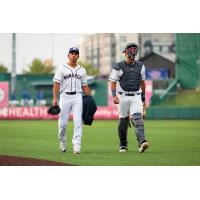 Kansas City Monarchs pitcher Daniel Martinez and catcher Ryan Leitch