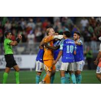 Sounders FC reacts after their win against Liga MX's Club Puebla